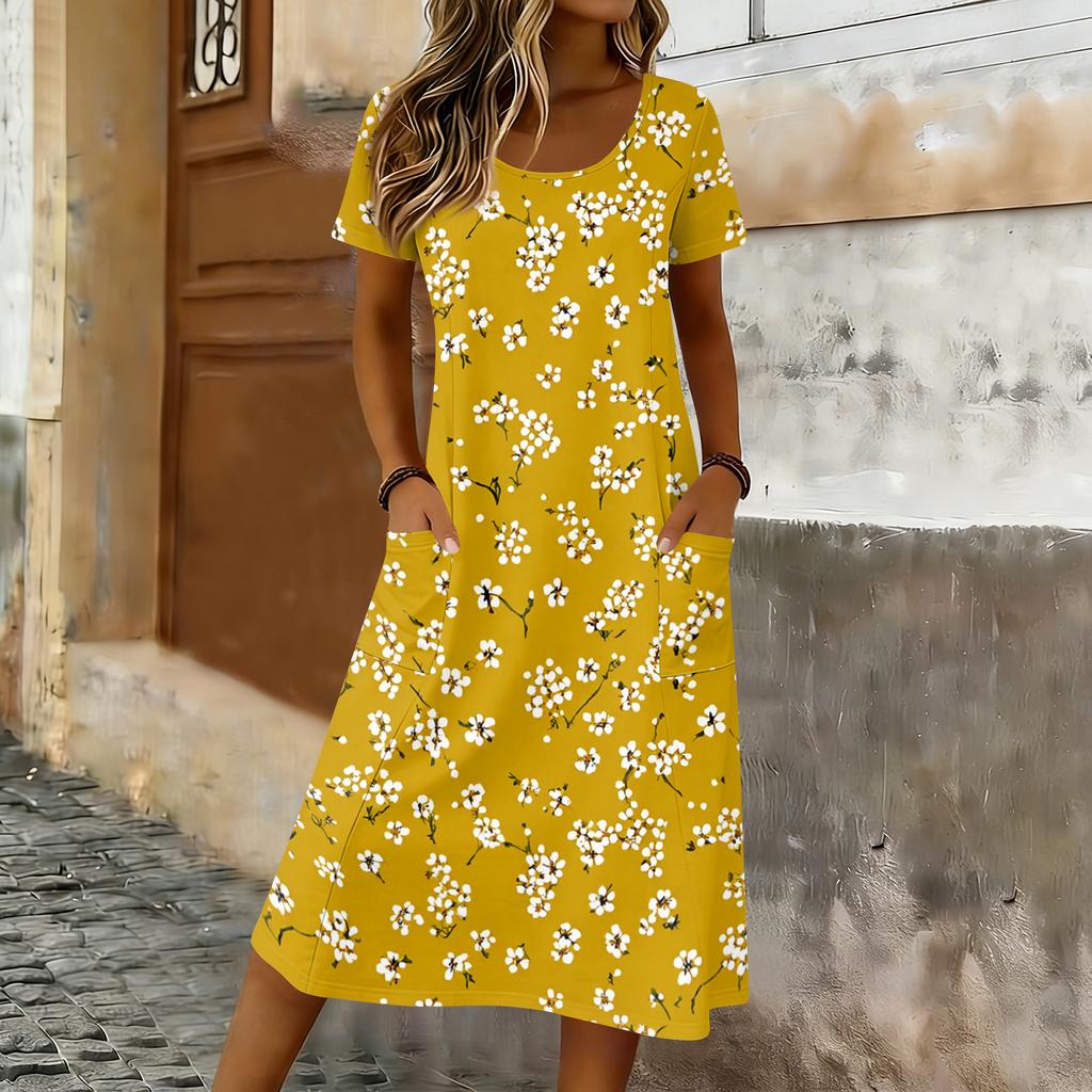 Women’s Short Sleeve Midi Dress with Maple Leaf Print Relaxed Fit Crew Neck Casual Pockets Soft Fabric Comfortable Wear