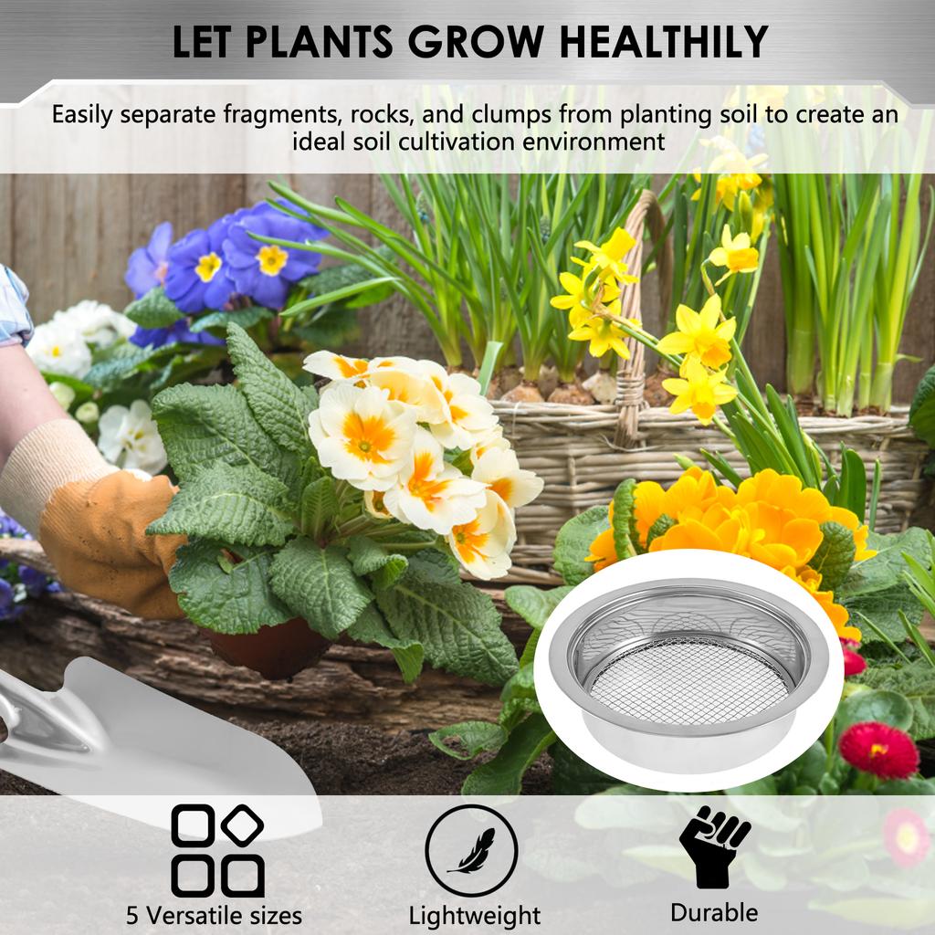 Soil Sieve Set with 9.45inch Diameter 5 Grid Sizes 1/3/6/9/12mm Interchangeable Meshes Stainless Steel Riddle Sieve Set with