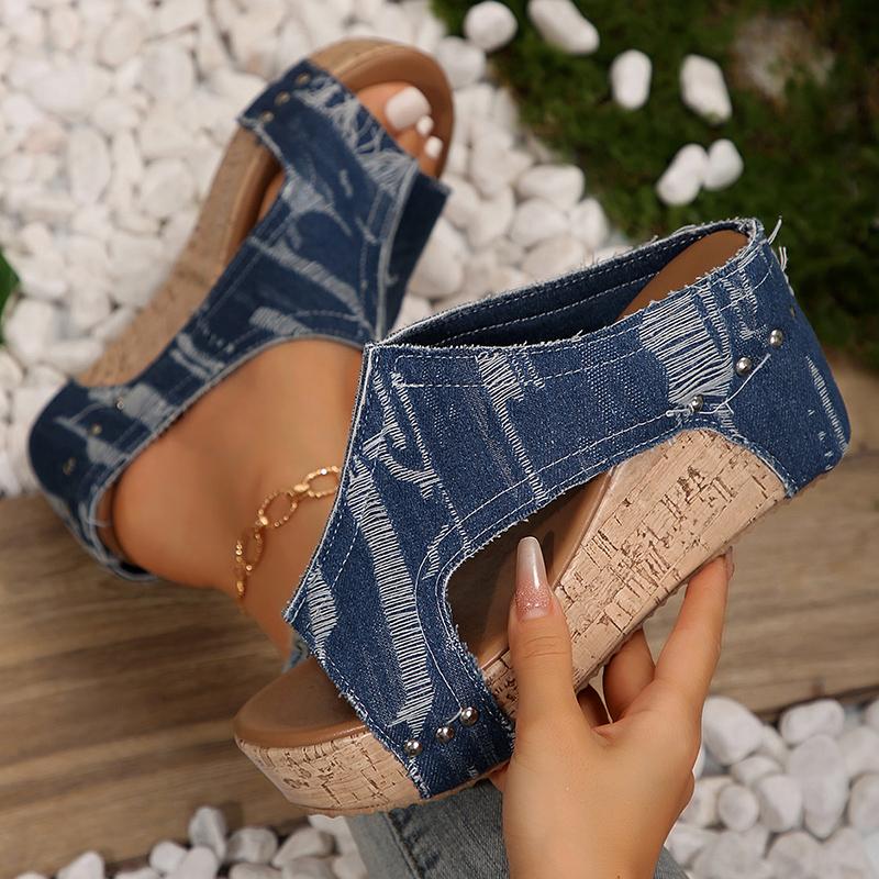 Women's Fashion Denim Wedge Heel Sandals Peep Toe Chunky Platform Sandals for Woman Summer 2025 Thick Bottom Non Slip Slippers