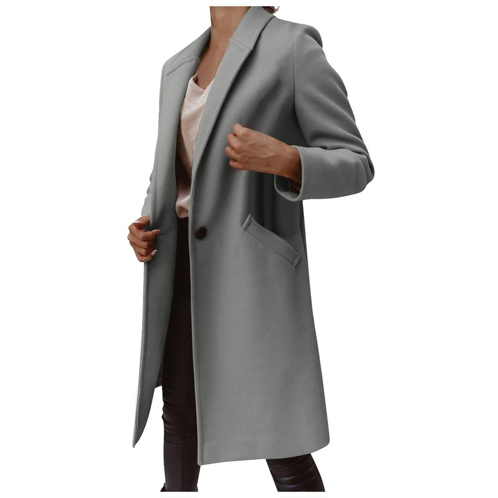 Women's Fashion Colid Color Long Sleeves Lapel Mid-length Button Woolen Coat