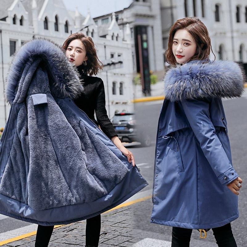 Women Fall Winter Jacket Coat Parka Thicken Cotton Liner Medium Long Hooded Fur Collar Adjustable Waist Solid Color M-6XL