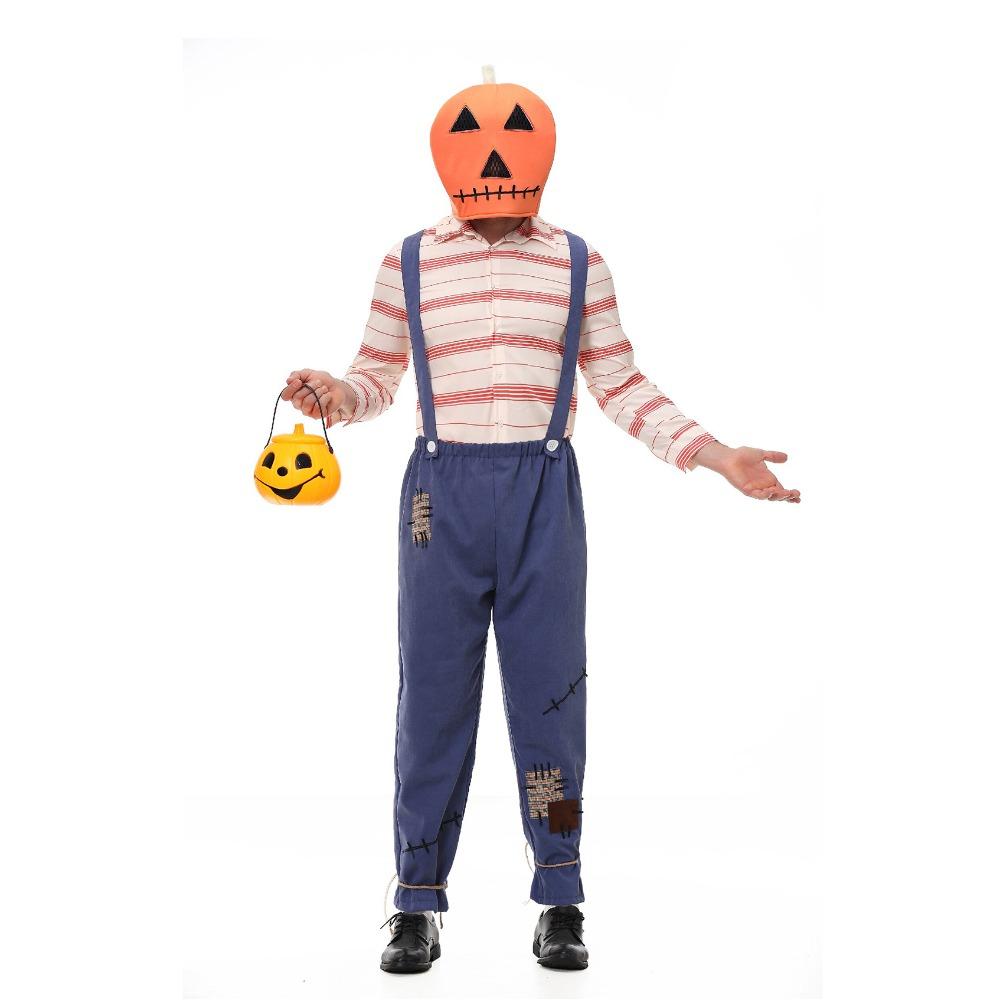 Adult Unisex Men Women Pumpkin Headgear Striped Shirt Patch Overalls Jumpsuit Sets Halloween Cosplay Costumes Party Outfit