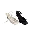 New Square Toe Ankle Strap Silver Satin Bow High Heel Cool Slippers Thin Heel Open-toed Women's Sandals