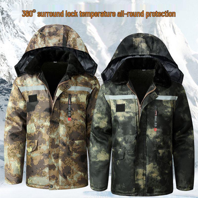 Windproof Camouflage Fleece-Lined Military Overcoat: Cold-Resistant, Waterproof, Mid-Length, Cotton-Padded Jacket for Cold Storage Labor Protection