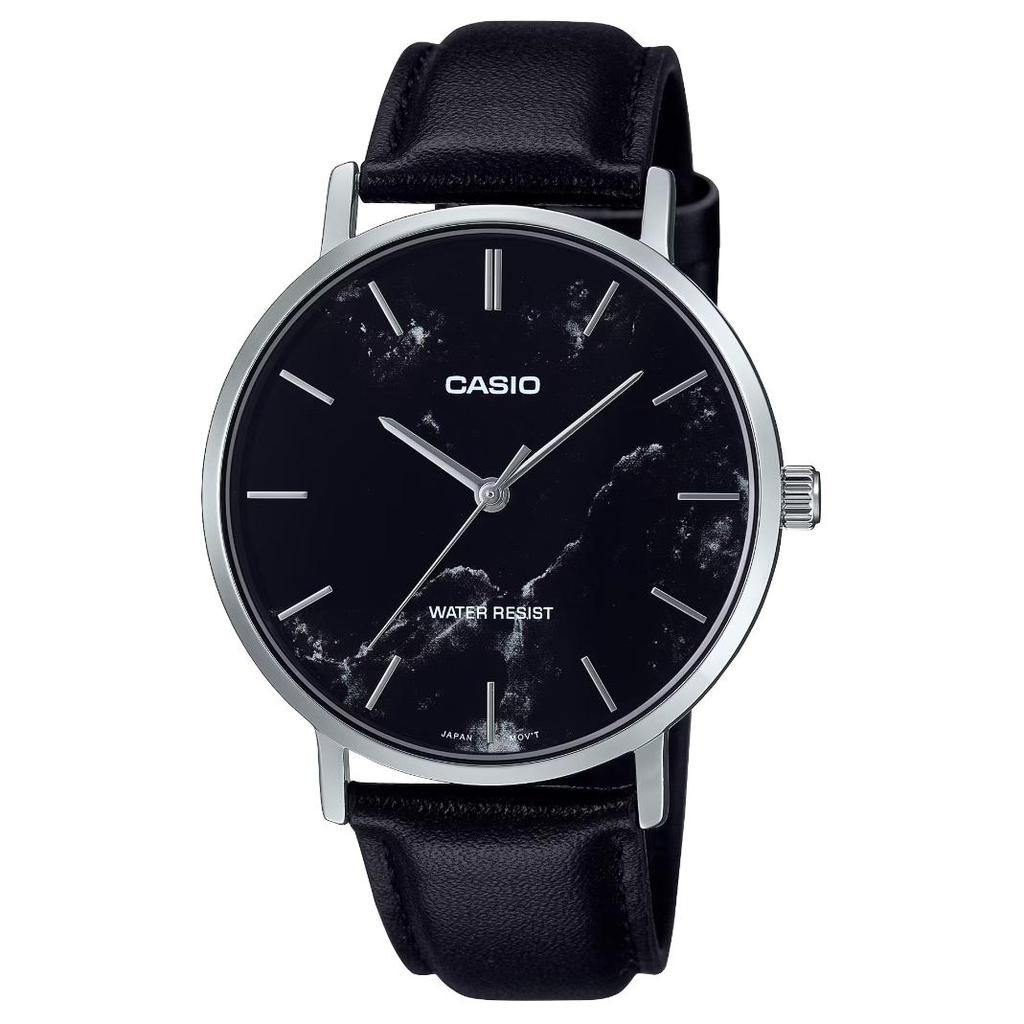 Casio Водонепроницаемые Для Повседневного Использования Кварцевый Механизм Кожаный Ремешок Часы Мужские Черный Циферблат MTP-VT01LM-1A