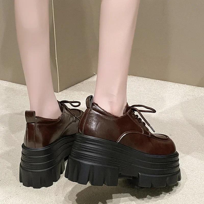 Модные 9 см Новые Женские Зимние Теплые Кроссовки На шнуровке Высокая Платформа Кожаная Обувь Женская Готическая До щиколотки Рок Ботинки Толстая Подошва Меховая Обувь