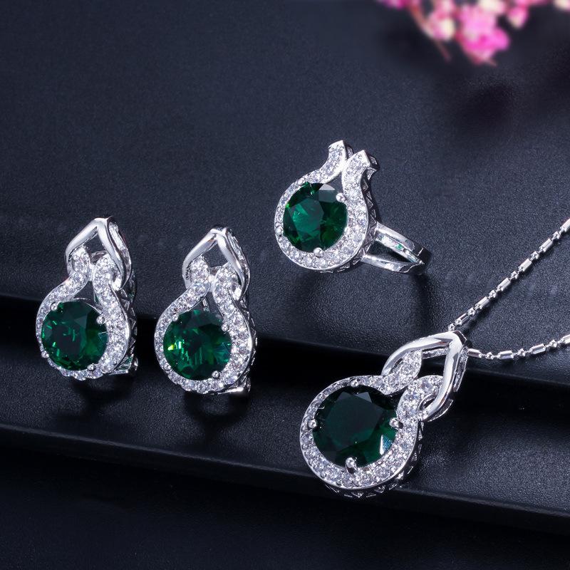 Jewelry Set, Bridal Jewelry Set, Simple Zircon Jewelry Necklace, Earrings, And Three Rings.
