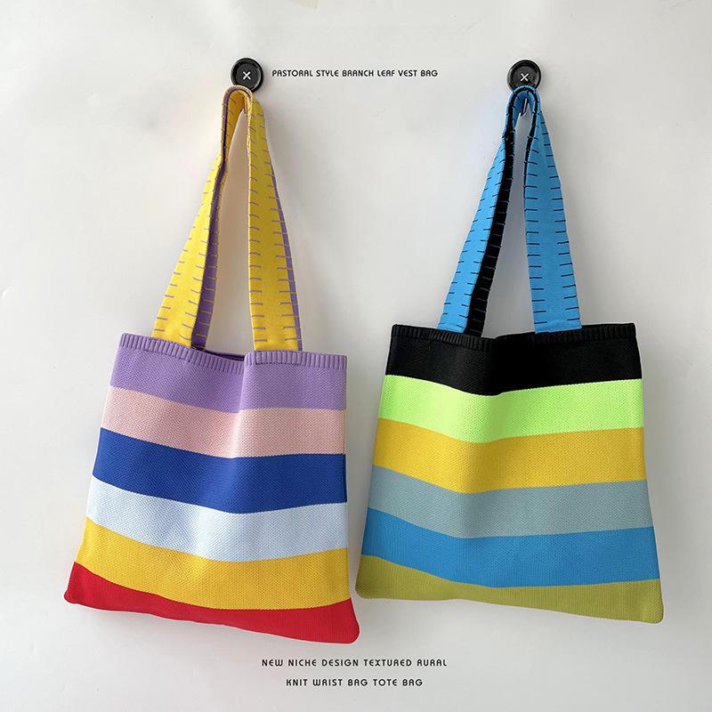 "Rainbow Knit Women's Tote: Large Capacity, Versatile Shoulder Handbag for Spring/Summer"