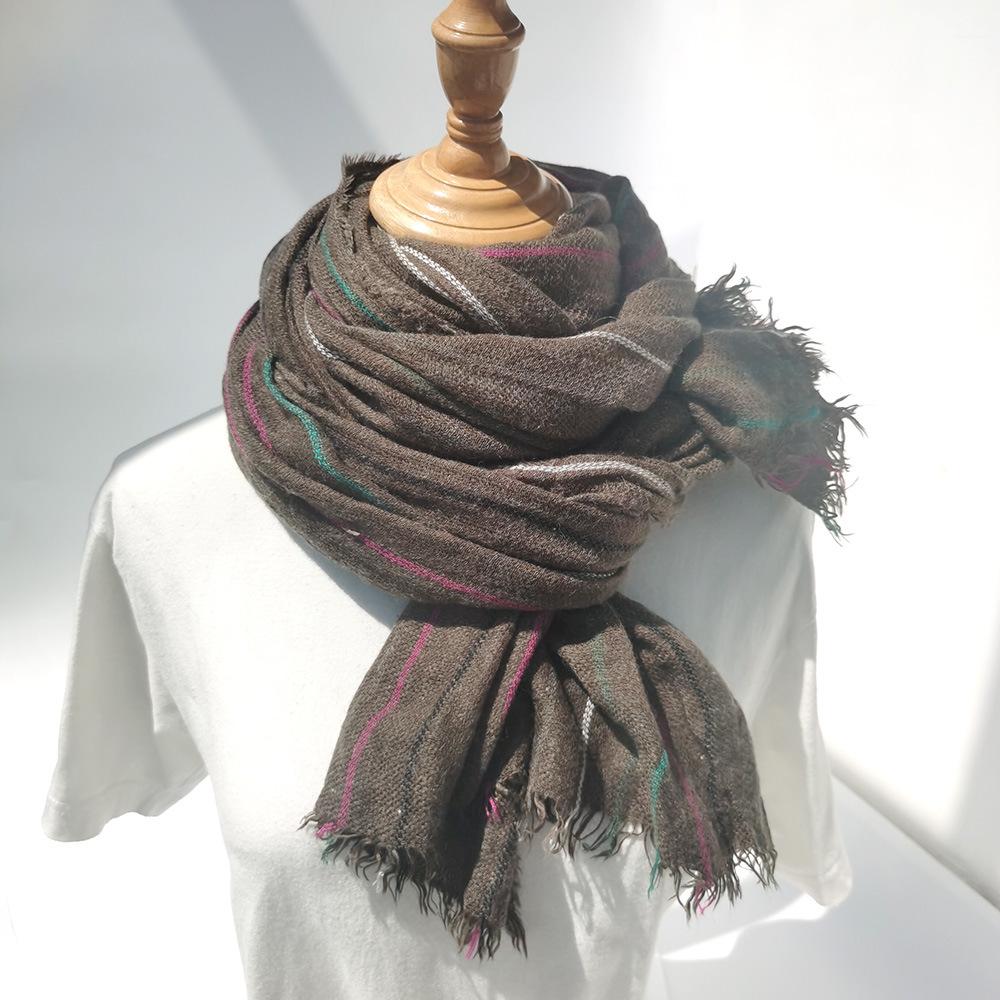 Custom-spun Autumn and Winter New Wool Scarf Women's Striped Yarn-dyed Warm Scarf Retro Literary and Versatile Shawl Decoration