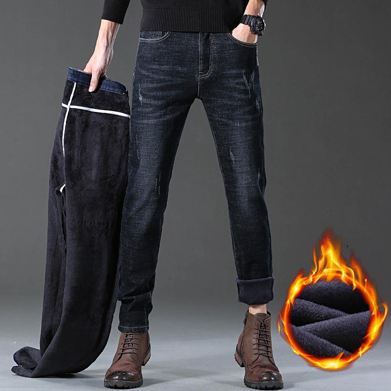 Осенне-зимние утепленные эластичные джинсы мужские Узкие прямые теплые джинсовые брюки мужские брюки tide
