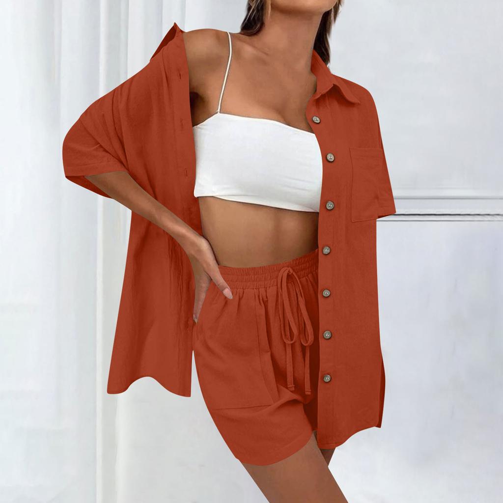 Летняя женская однотонная рубашка с короткими рукавами, топ, повседневные шорты с эластичным галстуком и передним карманом, спортивные повседневные свободные от ветра мягкие комплекты из двух предметов