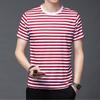 Summer New Style Youth Thin Mercerized Loose Striped Round Neck Men's Casual Short-sleeved Collarless Shirt Men's Trend