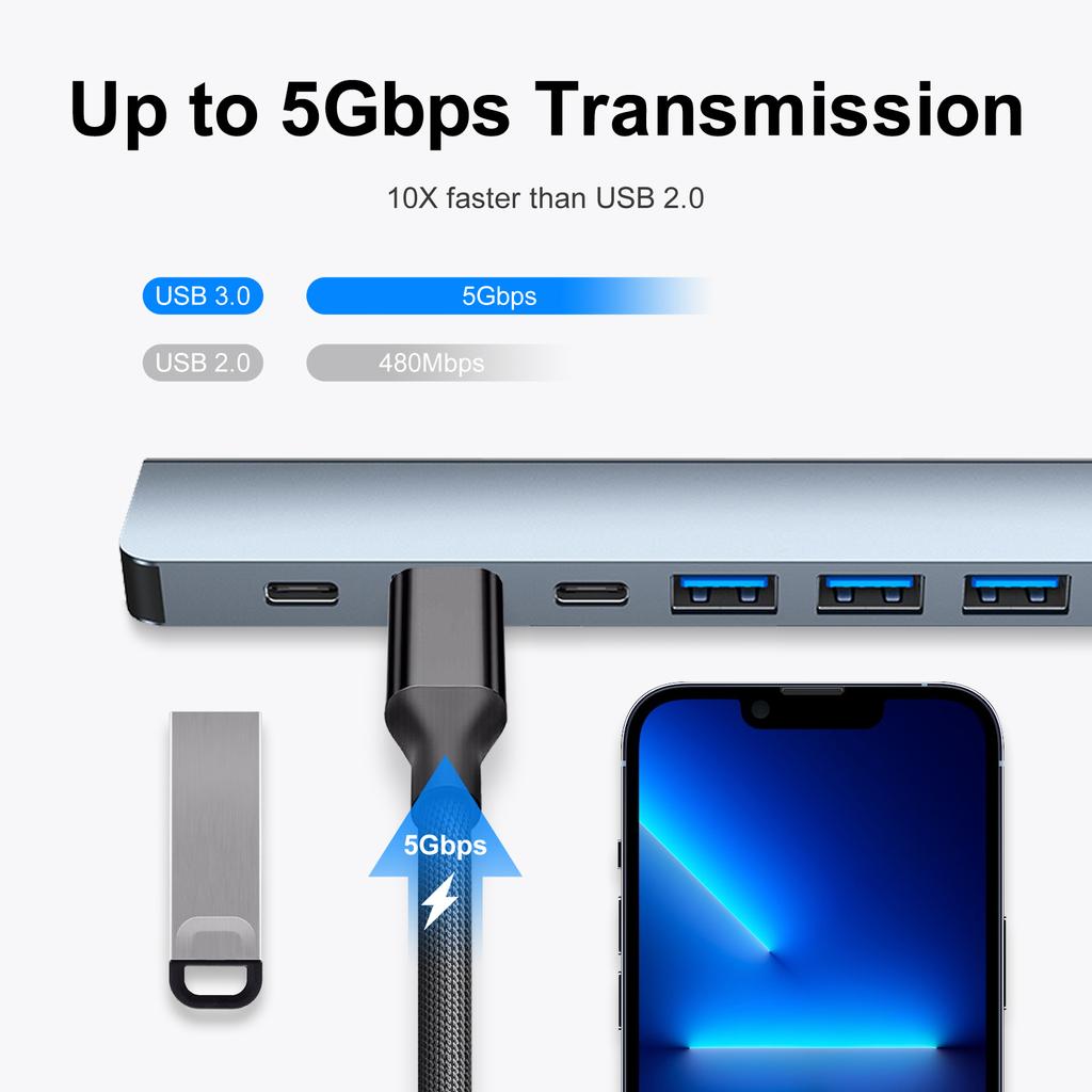 2217 USB A+USB C Hub Adapter 7 In 1 Multi Port USB Docking Station with USB3.0+USB2.0*4+PD+USB C Data Port Extension