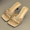 Fashion Bling Rhinestone Butterfly-knot Slippers Women Summer Sexy Open Toe Kitten Heel Design Slide Sandals Elegant Wedding Bridal Shoe