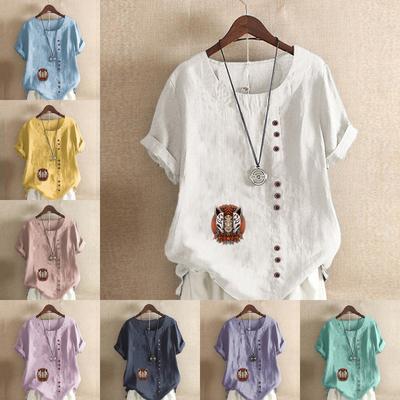 Женская мода, футболка с коротким рукавом и круглым вырезом, повседневная хлопково-льняная рубашка с рисунком, свободная летняя блузка с героями мультфильмов для отдыха, топы