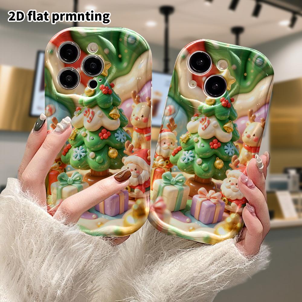 Phone Case: 2D flat design suitable for iPhone 18 17 16 15 14 13 Pro protective case, Christmas tree and Santa Claus, perfect holiday gift for Christm