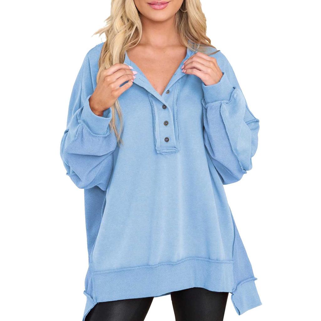 Autumn and Winter New Women's Round Neck Solid Button Loose Sweater Long Sleeve Top