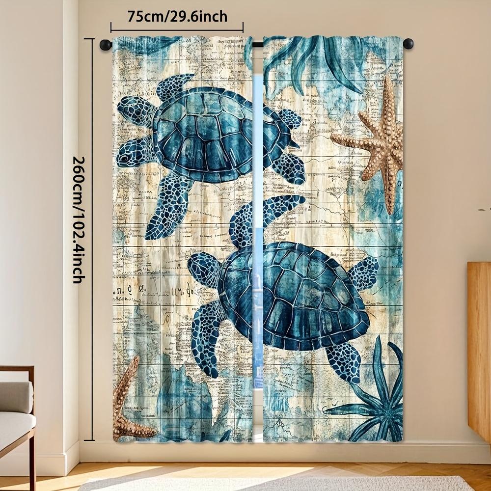2pcs, Nautical Green Sea Turtle Curtains, Beach Theme Fabric Set with Blue Ocean Design, Ideal for Enhancing Coastal and Beach