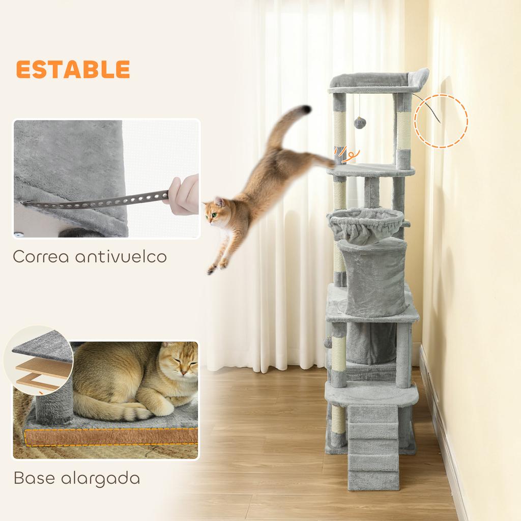 Large Cat Scratching Tree, 170 cm, 7 Posts, 1 Tunnel, 3 Platforms, 2 Caves, 1 Hammock, Light Gray