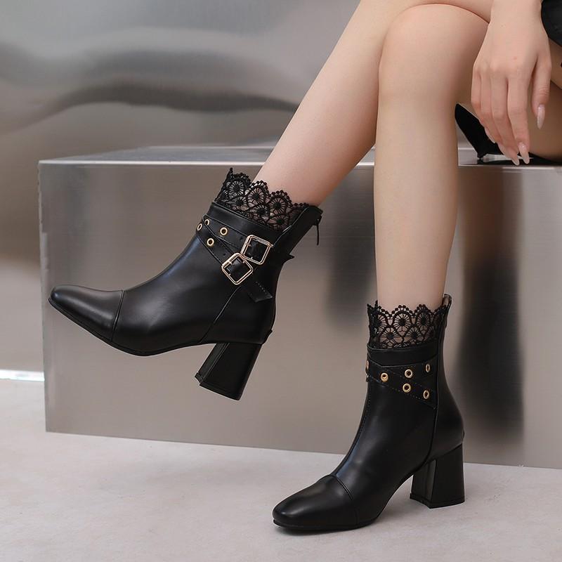 Pink Red White Gilrs Sweet Wedding Shoes Women Round Toe Belt Buckle High Heels Zipper Lady Party Ankle Booties Large Size 47 48