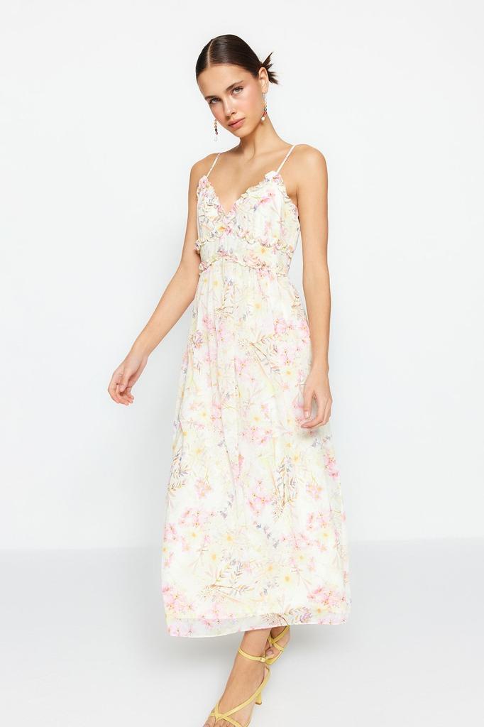 Женское стильное платье Зеленое шифоновое платье макси с цветочным узором и рюшами на подкладке