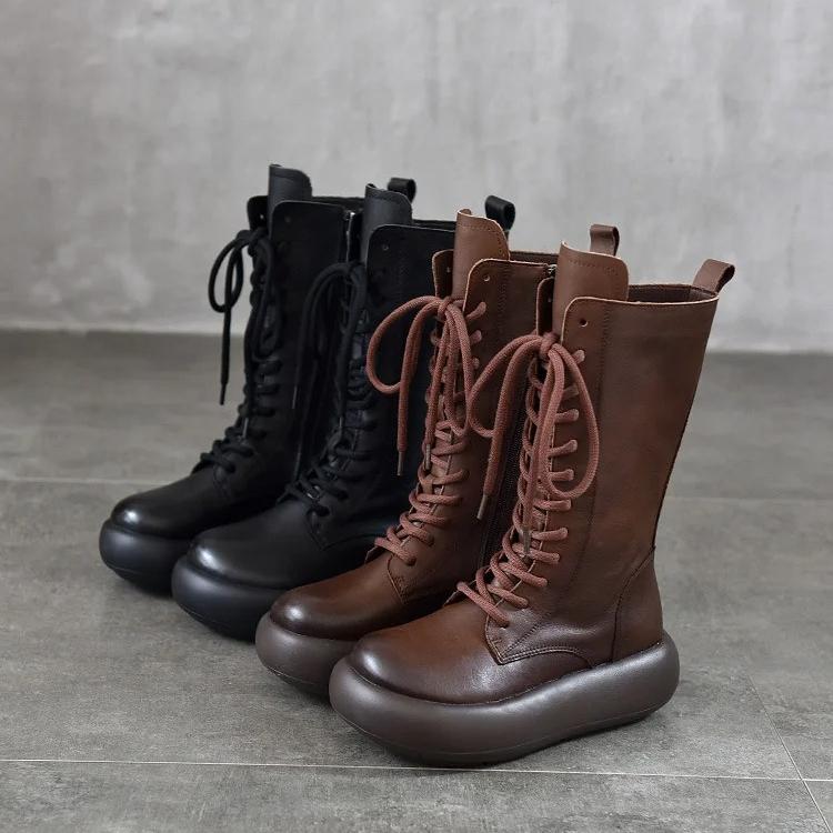 Johnature Ботинки до середины икры из натуральной кожи с круглым носком и толстой подошвой, в стиле ретро, на шнуровке, с боковой молнией, универсальные женские ботинки