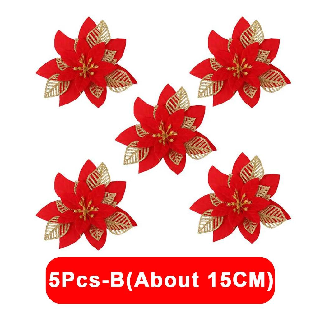5/1Pcs Christmas Glitter Artificial Flowers DIY Christmas Tree Hanging Ornaments Fake Flower For Xmas New Year Party Decor Gifts
