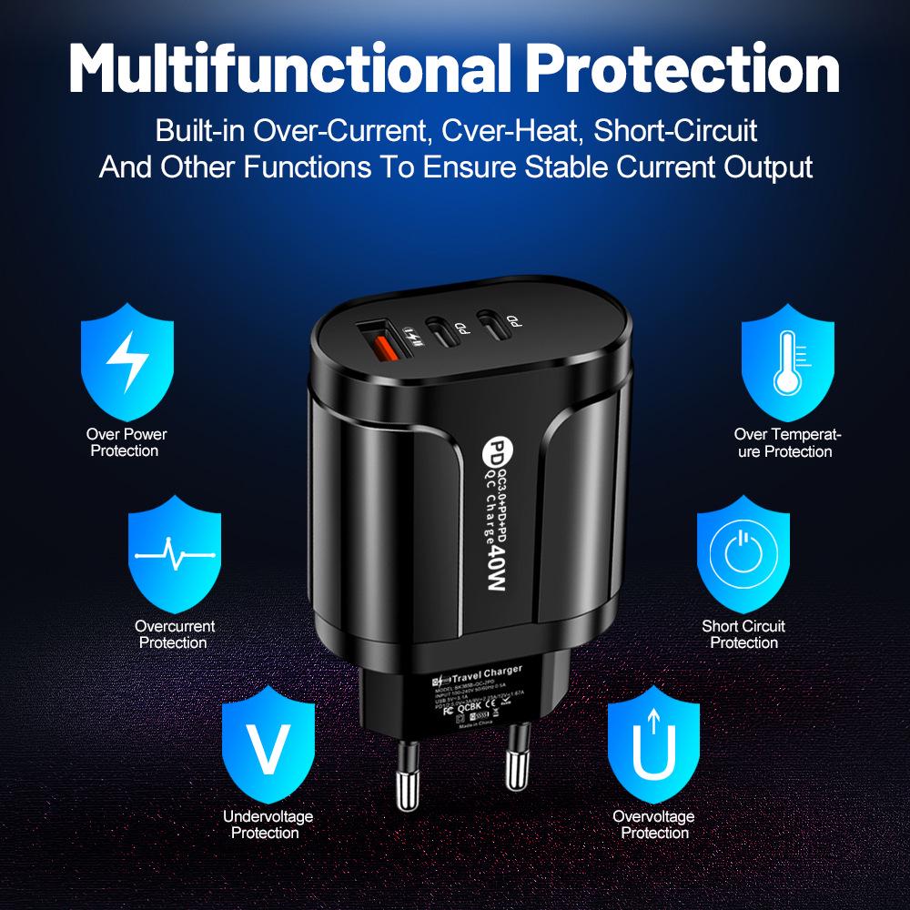 Светодиодное дорожное зарядное устройство 2,4 А USB + 2PD Type-C, спецификация ЕС/США, со световыми индикаторами