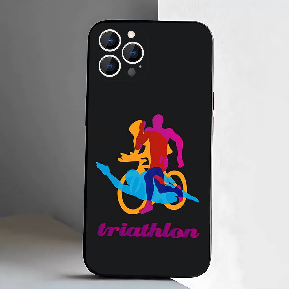 Чехол для iPhone 17,16,15,14,13,12,11 Air,Plus,Pro Max,XS,X,XR,SE,Mini,8,7 с принтом Триатлон Плавание велосипед бег, Мягкий силиконовый черный чехол