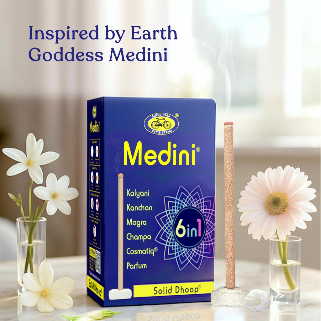 Cycle Pure Medini 6 в 1 Твердые благовония Дхуп – Без угля, без бамбука, натуральный аромат – 60 палочек с бесплатным держателем, упаковка 2 шт.