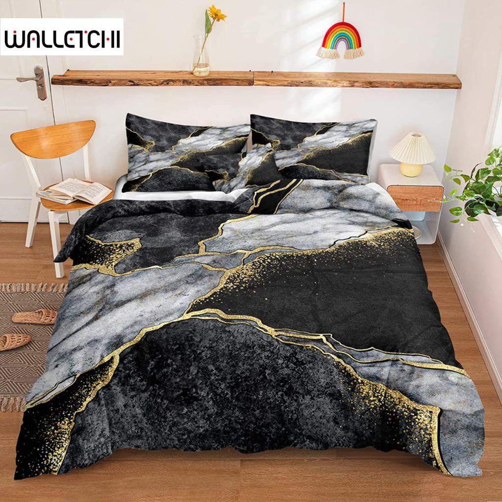 Мраморный пододеяльник Черное мраморное постельное белье Черное белое золото Абстрактная мраморная текстура Полиэстеровый пододеяльник Двуспальный размер Queen King Size