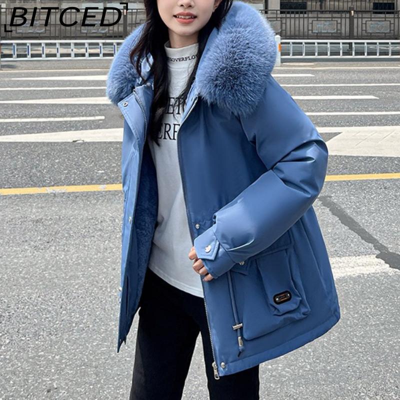 BITCED Winter Thickened Puffer Coat for Women with Waist-cinching, Slimming Fit, Hood and Large Fur Collar for Warmth