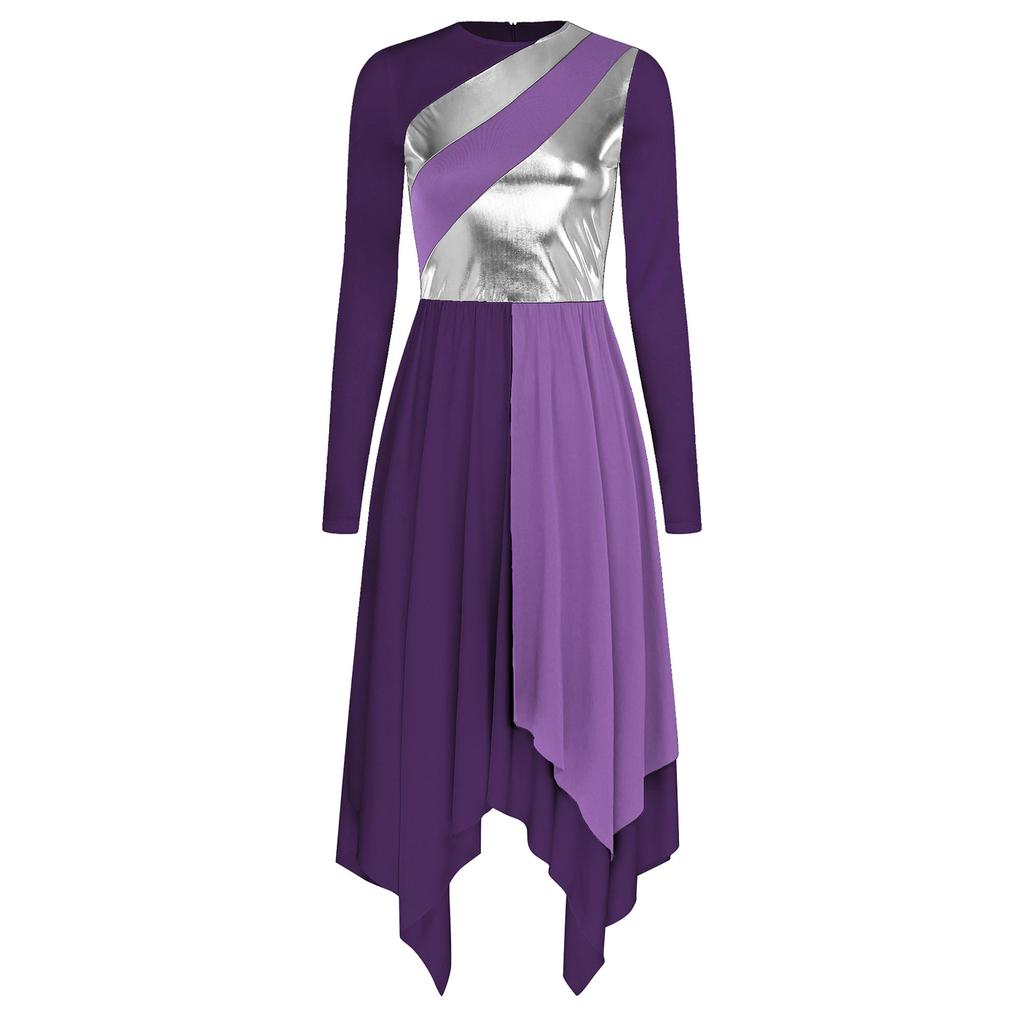 Женское литургическое танцевальное платье с длинным рукавом, металлизированной контрастной расцветкой, асимметричным дизайном, платье для богослужений и выступлений