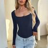 European and American Women's Autumn and Winter New Button Square Neck Fashionable Top Sexy Spicy Girl T-shirt Thread Solid Color Long Sleeved Shirt