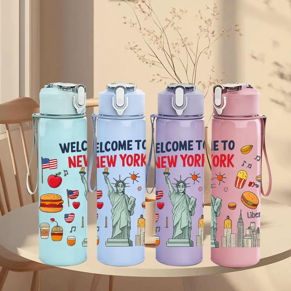 1PC Welcome To New York Letter 750ml Color Plastic Sports Water Bottle Leakproof Flip Straw Lid Suitable for Sports Office Home Use