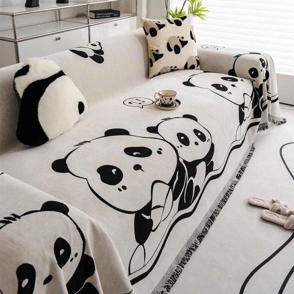 Panda Dog Nature Flowers Print Soft Sofa Towel Blankets Camping Picnic Anti-Cat Towel White Cotton Scratch Protection Sofa Mat