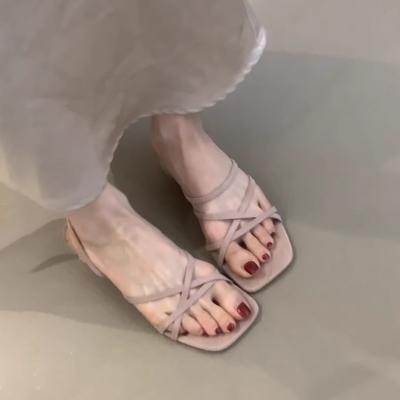 Версия из мягкой кожи~ Французские нежные босоножки на толстом каблуке женские вечерний бриз с юбкой с открытым носком фея квадратный носок с крутыми шлепанцами