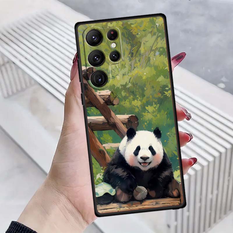 Мультяшный аниме-панда, милый чехол для телефона Samsung Galaxy S26 S25 S24 S23 S22 S21 S20 Ultra Plus FE 5G, черный, мягкий ТПУ