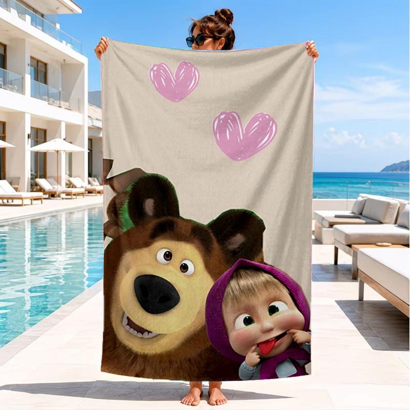 Heart-themed Ma-sha Illustration. Beach Towel, Super Soft Microfiber, Perfect Gift for Her/Him, Birthday, for Pool, Beach, Travel, Decor Beach Party