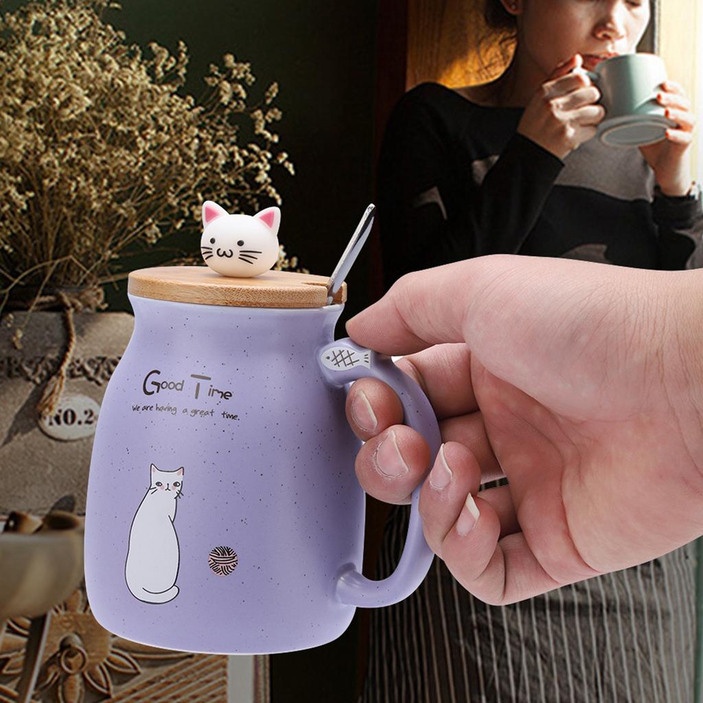 1 шт., керамическая чашка с милым котом, ложкой и крышкой, кружка для кофе, воды, молока, посуда для напитков, подарок(розовый)