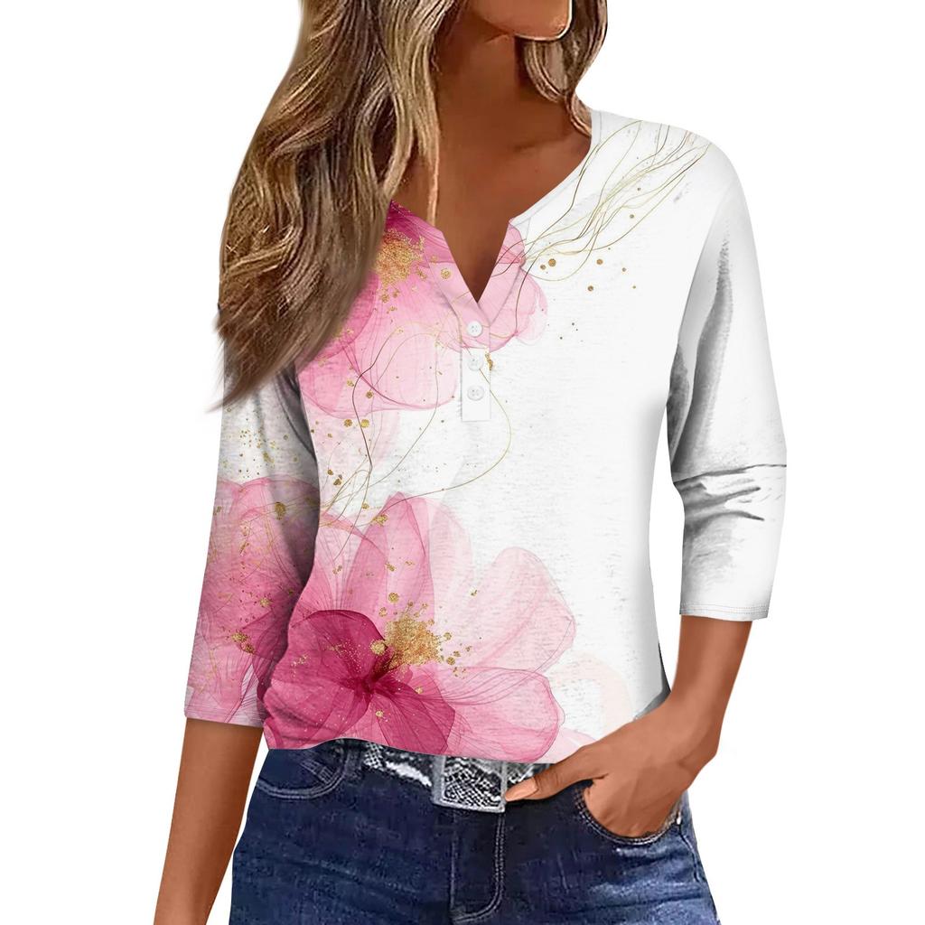 Женская модная повседневная футболка с коротким рукавом и V-образным вырезом, декоративными пуговицами и рукавом три четверти