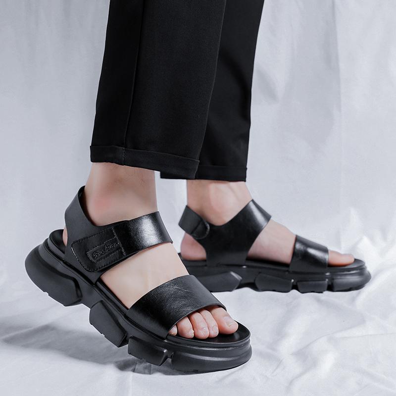 Модные универсальные мужские тапочки для отдыха на открытом воздухе, мужские летние сандалии с открытой подошвой, кожаные пляжные туфли на толстой подошве, нескользящие сандалии ручной работы