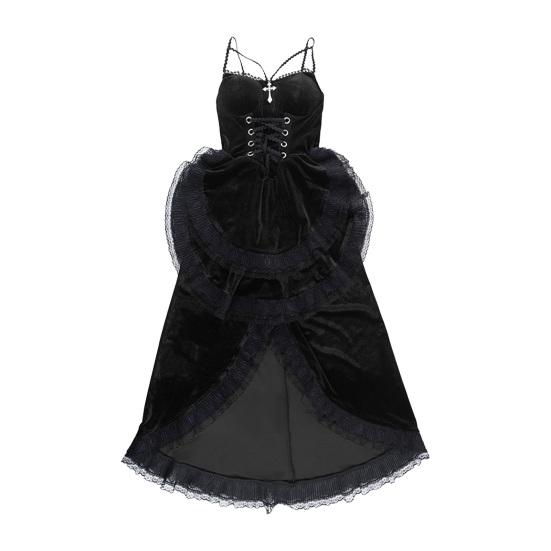 Женское платье для косплея в темном стиле, костюм для вечеринки на Хэллоуин, кружевное лоскутное шитье, неровный подол, без рукавов, с узкими оборками на талии, регулируемые ремни на талии