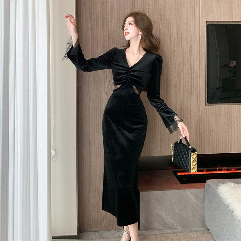 Весна Осень V-образный вырез Элегантное Модное Бархатное Черное Платье Женское Длинный Рукав Темперамент Талия Халат Vestidos