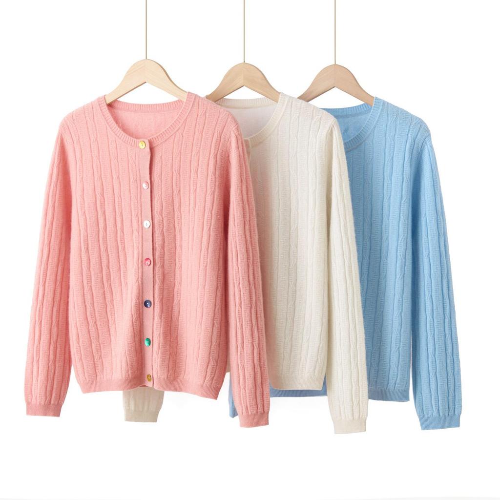 Kangsai Ni 100% Pure Cashmere Women's Slimming Round Neck Cardigan Sweater for Autumn/Winter