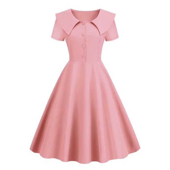 Retro Women Dress Turn-down Collar Shortn Sleeves A-line Big Swing Buttons Slim Fit Solid Color 50s Ball Prom Midi Dress