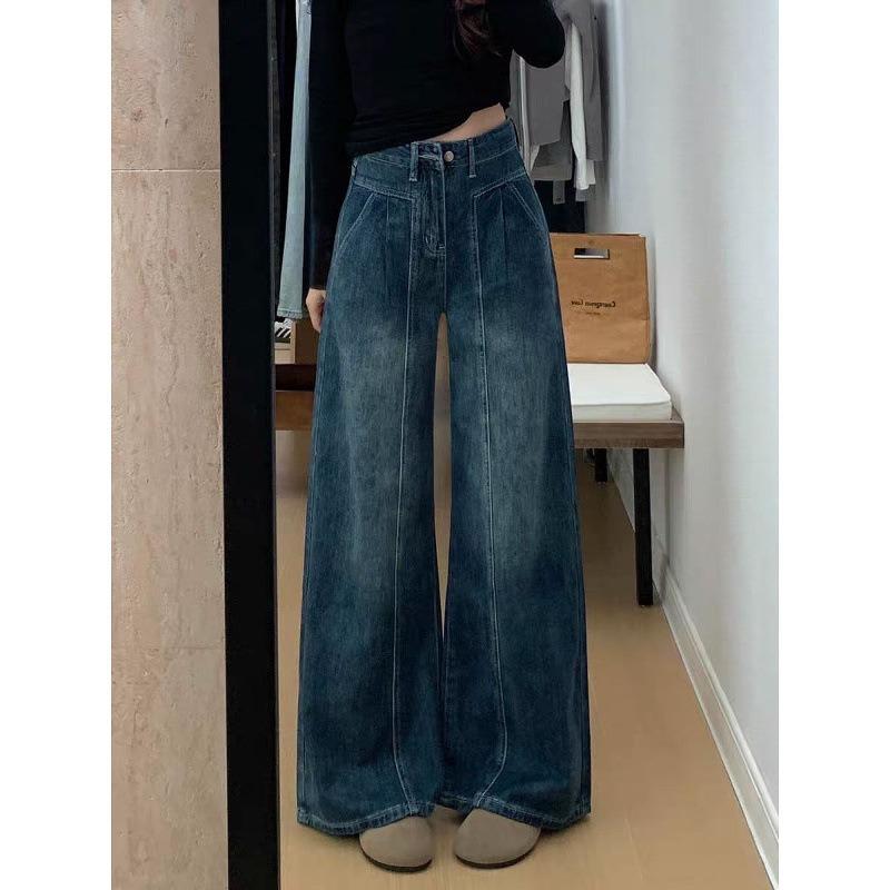 Retro straight jeans women's autumn and winter velvet high-waisted loose and thin wide-leg pants