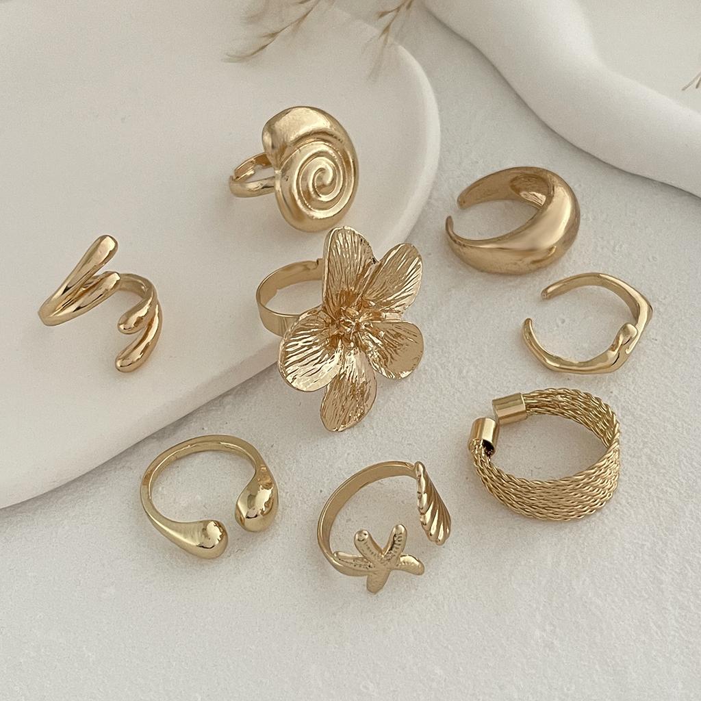 2025 Vintage Metal Sea Star Shell Rings Set Petal Flower Water Drop Open Rings for Women Goth Geometric Ring Daily Zircon Gifts