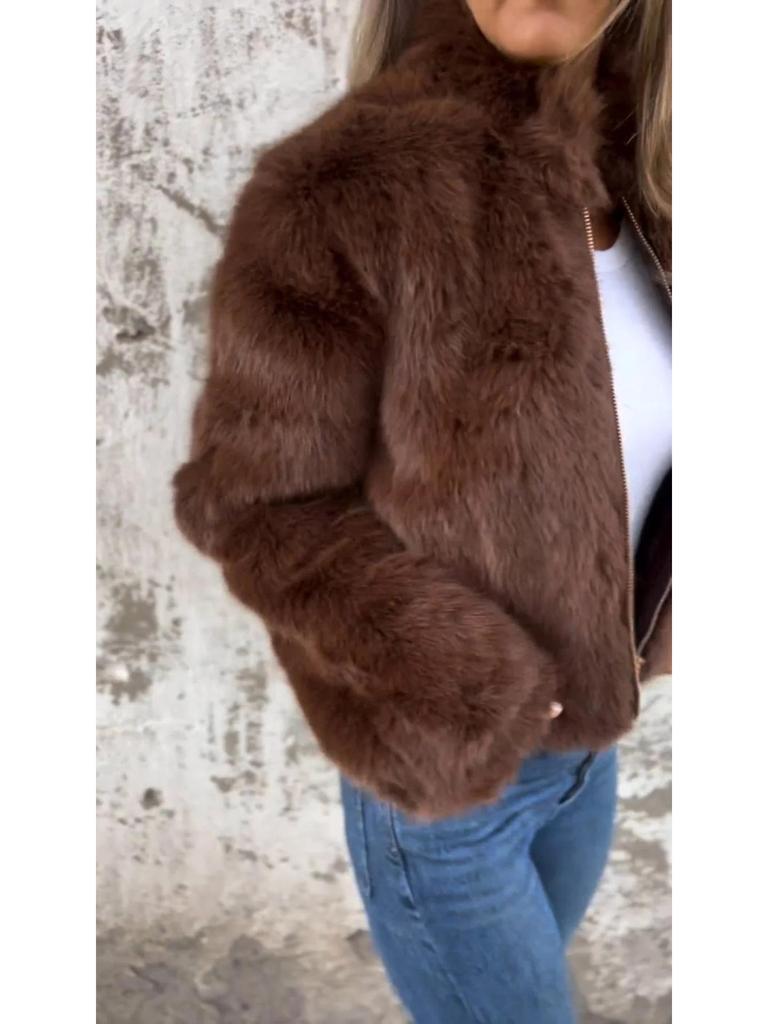 2025 Женское пальто-топ из искусственного меха с высоким воротником на молнии - Европейская и американская осенне-зимняя мода