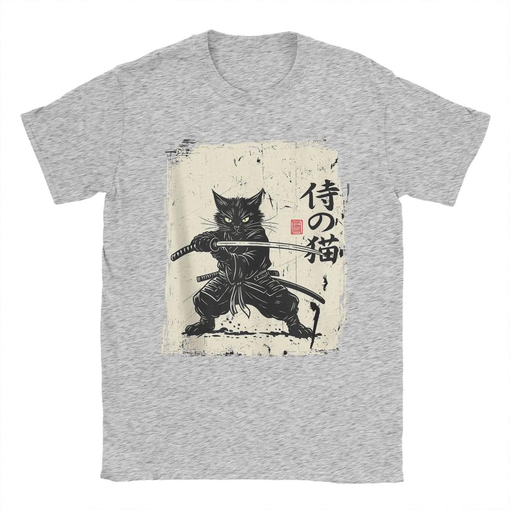 Vintage Anime Cat Japanese Art Funny Samurai Cat T Shirts Men's Cotton Vintage T-Shirt Round Neck Tees Short Sleeve Tops 5XL 6XL